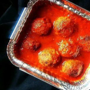 Chickpea balls in basil tomato sauce